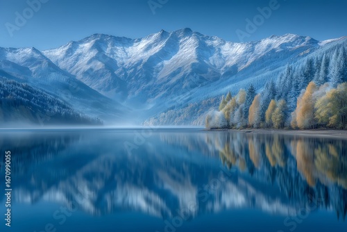 Wallpaper Mural Majestic Snowy Mountains Reflected in Serene Lake  Autumn Landscape. Torontodigital.ca