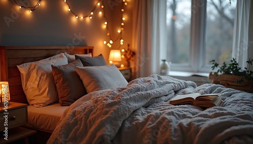 Cozy Bed with Open Book and String Lights in Bedroom