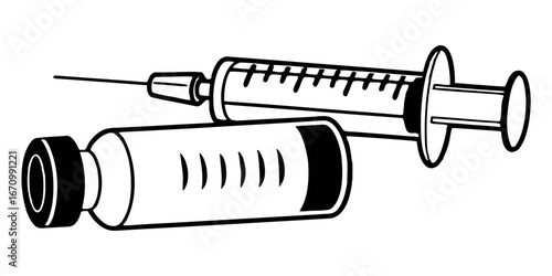 Illustration of a syringe with a needle and a vial of medication for medical treatment and vaccination