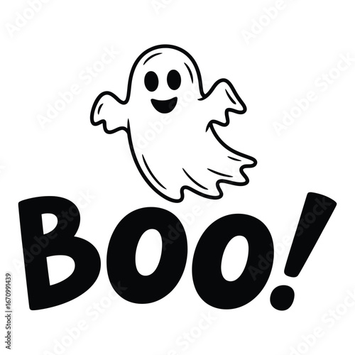 Cute ghost with Boo! word, simple Halloween character graphic design.

