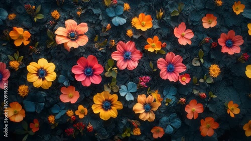 Wallpaper Mural Colorful flower petals and blue leaf scattered on cracked soil create vibrant artistic contrast showcasing beauty of nature with warm cool tones blending in visually striking pattern Torontodigital.ca