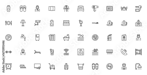 Hotel icon set. Vector illustration of hospitality smbols including shampoo, fip flops, bed, breakfast, wimming pool, wifi, and moe for travel and service.