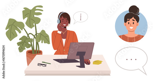Customer service agent wearing headset, smiling while communicating with a client via computer. Ideal for communication, teamwork, support, consultation, online service, user assistance, simple flat