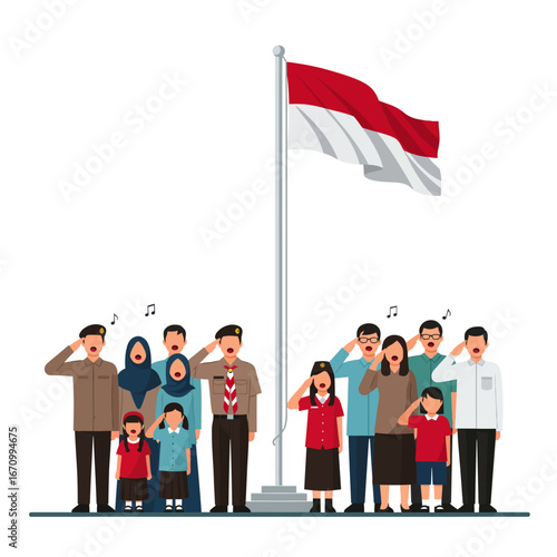 People attending flag raising ceremony in Indonesia vector illustration