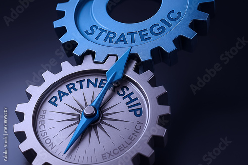 Strategic Partnership Gear Illustration – Interlocking Gears Labeled “STRATEGIC” and “PARTNERSHIP” with Compass Needle and Words “PRECISION” and “EXCELLENCY” Representing Collaboration and Business Al