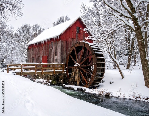 Snowy winter scene with old red grist mill