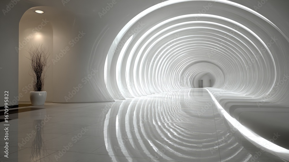 Obraz premium White, circular hallway with reflective floor
