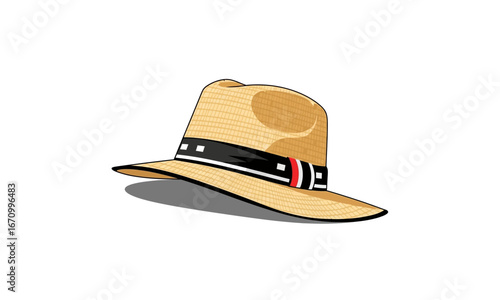 Classic Straw Fedora Hat with Decorative Band and Shadow.