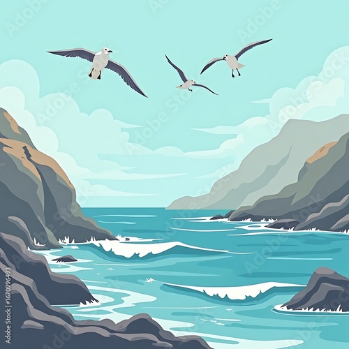 Seagulls Flying Over Rocky Coastline with Ocean Waves