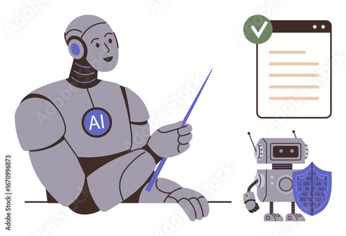 AI robot presenting with a pointer, checklist with tick mark, and safety robot with shield. Ideal for technology, AI education, cybersecurity, productivity, teamwork, data integrity future
