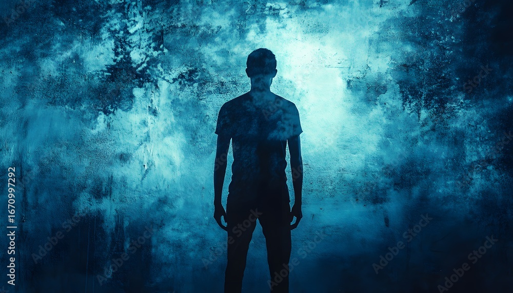 Fototapeta premium The illustration shows a dark silhouette of a person facing away from the viewer, set against a background of a blue wall with a textured surface.