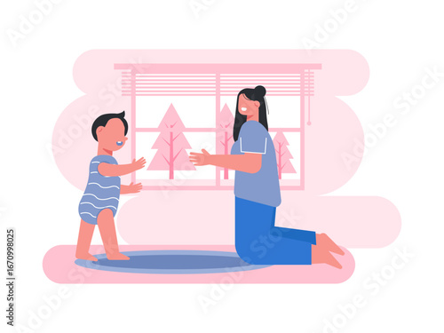 Mother is teaching her little boy to walk in the living room. Mother illustrations. Flat vector illustration.