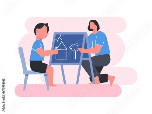 Little boy sitting on chair drawing on board with mom. Mother illustrations. Flat vector illustration.