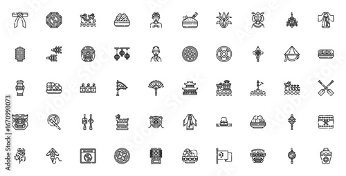 Dragon Boat Festival icon set. Vector illustration faturing symbols for zongzi dragon boat race, Chineselantern, yin yang, and mor. Editable stroke.