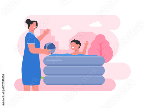 Little boy is swimming in the inflatable kids pool happily in front of the house with his mother. Mother illustrations. Flat vector illustration.