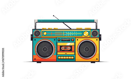 Colorful Retro Boombox Illustration with Dual Speakers and Cassette Player.
