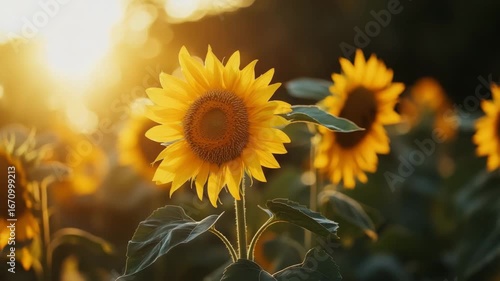 Sunflower field bright yellow petals green leaf glowing warmly sunlight bloom nature vibrant peaceful scene golden hour outdoor garden soft focus natural beauty