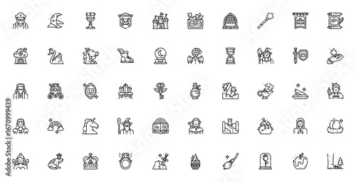 Fairytale icon set. Vector illustration. Includes sybols for pirate, castle, dagon, unicorn, fairy, magi wand, crown, sword, rainbw, and more.