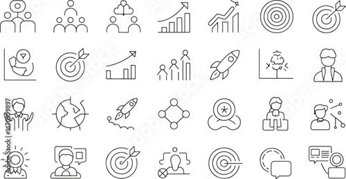 Collection of linear icons representing business, strategy, and success, featuring diverse concepts like teamwork, goals, and growth