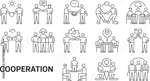 Cooperation Icon Set Diverse Illustrations Depicting Teamwork, Collaboration, and Partnership in Various Scenarios