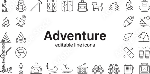 Adventure Line Icons Collection Camping, Hiking, and Outdoor Activities