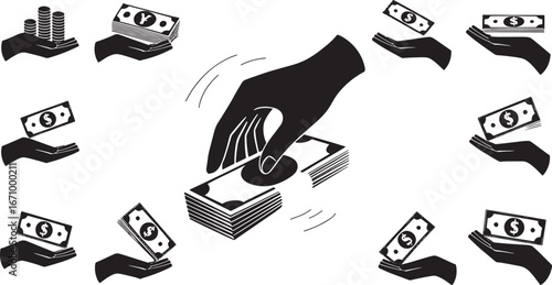 A Hand Offering a Stack of Money to Another Hand surrounded by other hands with money floating