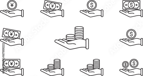 Financial Icons A Collection of Hands Holding Money and Coins, Representing Wealth and Investment Growth