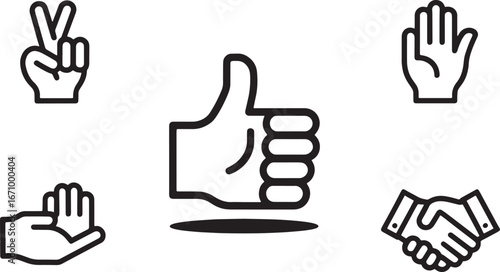 Set of hand gestures and icons showing various hand signs for communication, representing agreements and positivity