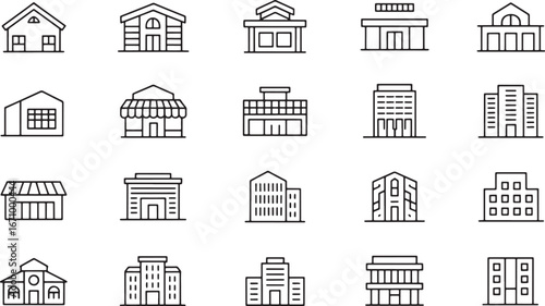 Set of urban building and real estate line icons. Vector collection of architectural symbols representing city structures, offices, and homes for design