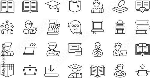 Icons Representing Education and Learning, Including Books, Graduation Caps, Computers, and Students for Educational Purposes