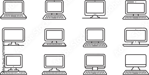 A versatile set of computer and laptop outline icons. Vector graphic illustration pack showcasing various electronic devices in a clean, minimalist line art style