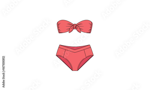 Coral-Colored Two-Piece Swimsuit Design with Bow Detail.