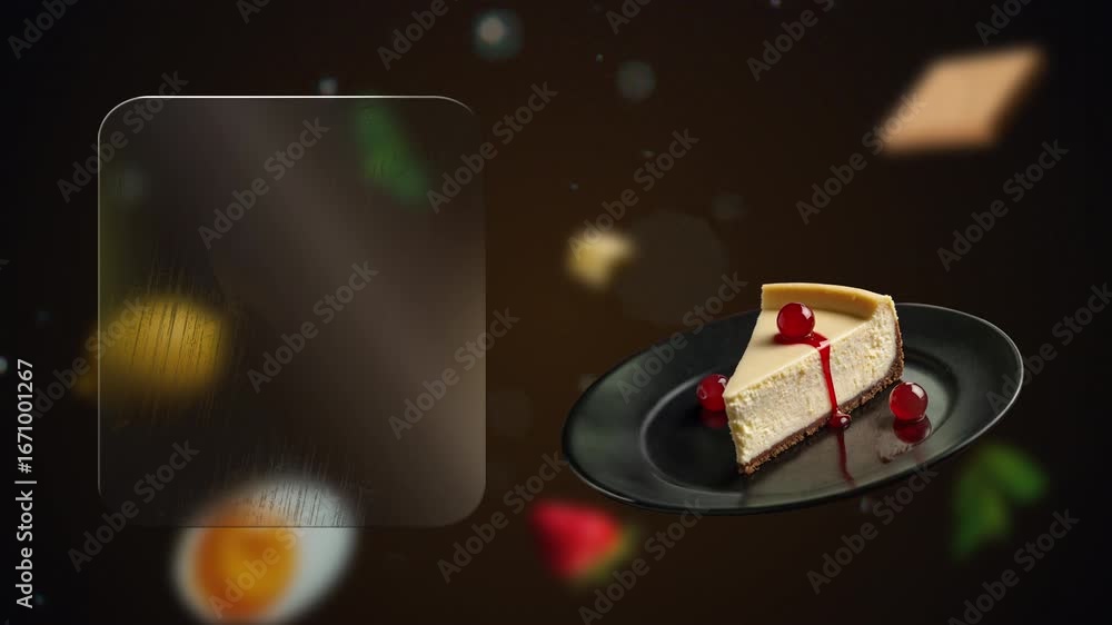 New York Cheesecake dessert with a cherry ad with slow intro and glowing board – write any price, meal name or offer in the clean glass zone