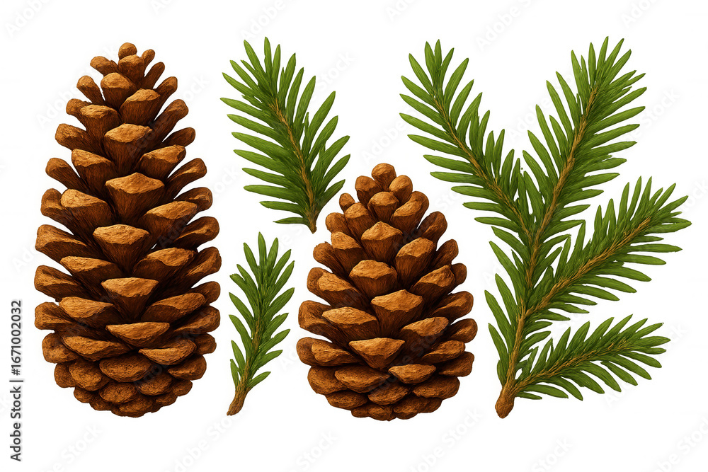 Fototapeta premium Hand-drawn pine cones and evergreen needles resting on transparent backdrop, creating rustic woodland holiday design element