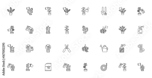 Houseplant care icon set. Vector illustration. Inclues symbols for watering plnts, fertilization, flowerot, gardening tools, potho, monstera, and more. Editble stroke.
