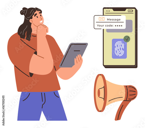 Woman holding tablet thoughtfully, smartphone displaying fingerprint and code security, loudspeaker representing alert or announcement. Ideal for cybersecurity, technology, identity protection