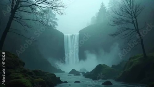 Serene Waterfall Cascading Through Misty Forest Landscape with Lush Greenery
