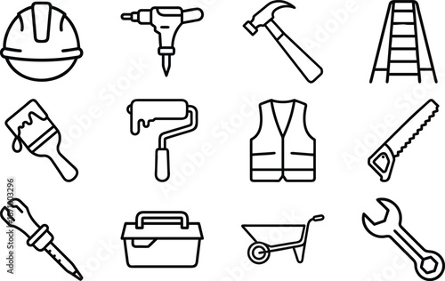 Collection of black outline construction and D I Y tools on white background hard 6
