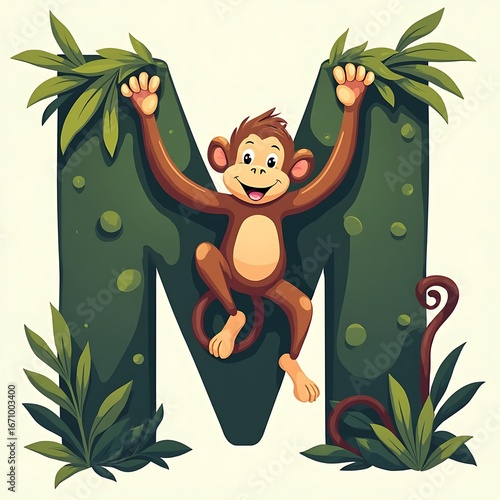 Monkey Swinging on Letter M with Leaves Illustration