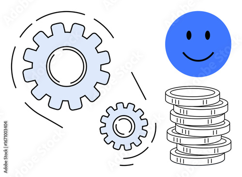 Gears in motion, a smiling face, and coin stacks combine to reflect teamwork, efficiency, and financial prosperity. Ideal for business, growth, strategy, collaboration innovation development
