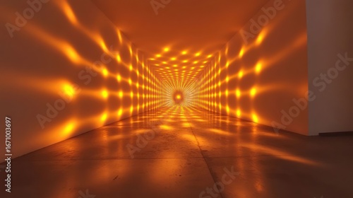 A mesmerizing light installation creating a tunnel effect with warm orange hues.