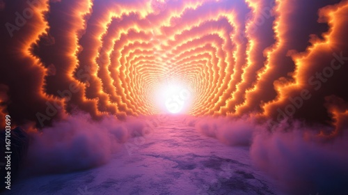 A surreal scene of vibrant clouds leading to a bright sun over a tranquil ocean.