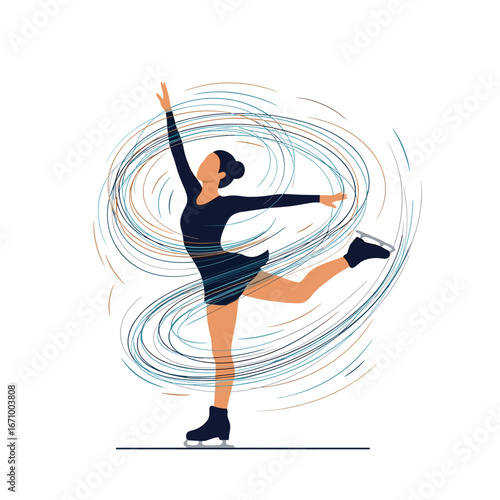 Elegant figure skater performing a graceful routine with swirling motion effects on ice