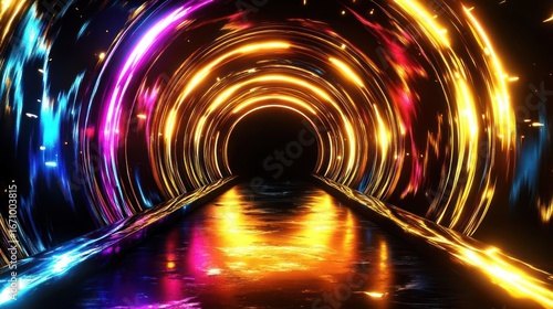 A vibrant, swirling tunnel of light leading into darkness, evoking a sense of exploration.