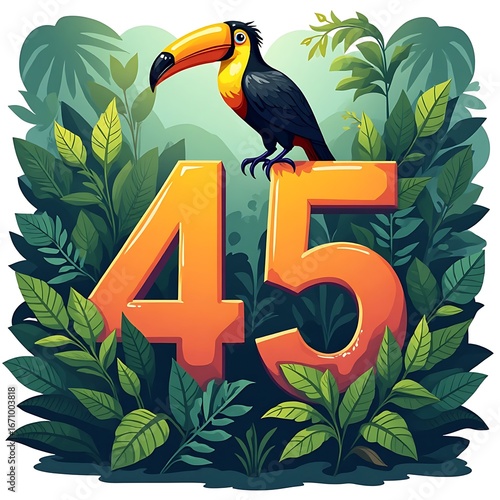 Toucan Perching on Number Forty-five Surrounded by Tropical Foliage