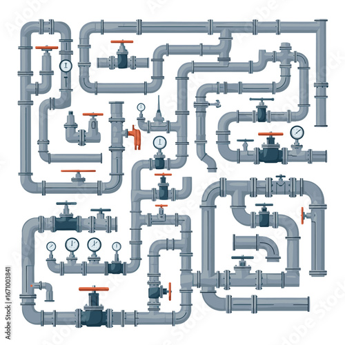 Intricate industrial plumbing system network featuring numerous valves gauges and connectors
