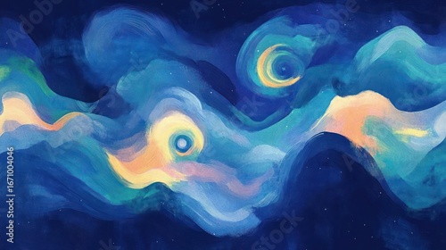 Abstract swirling clouds in deep blue and soft pastel hues, evoking a dreamy atmosphere.