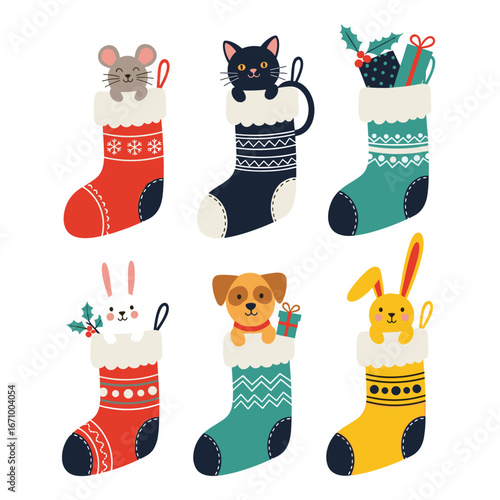 Cute christmas stockings filled with festive presents and adorable animals celebrating the holidays together