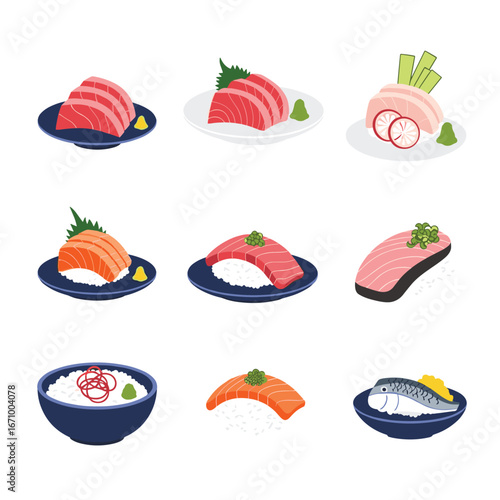 Assortment of delicious fresh seafood delicacies served on plates and bowls