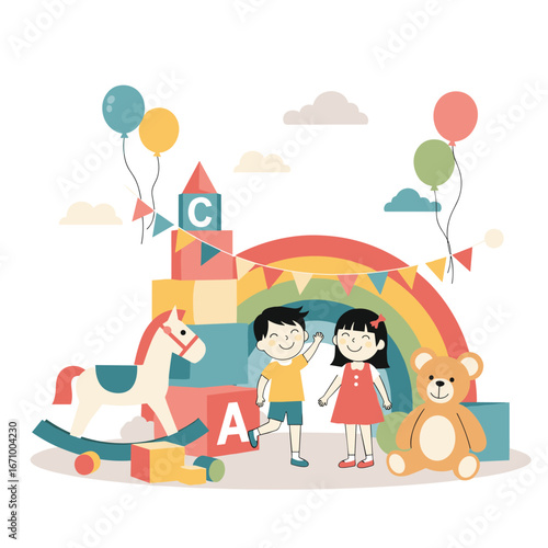 Joyful childhood playtime with colorful toys and balloons celebrating fun and imagination